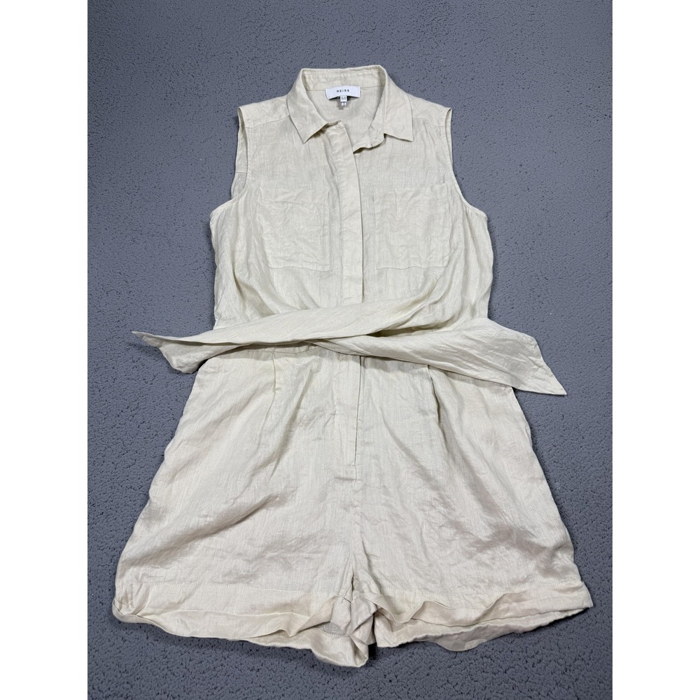 Reiss Romper Womens 8 White Linen Sleeveless Collared Belted Button One Piece